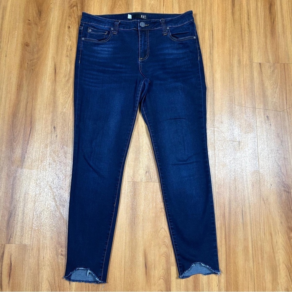 Kut from the Kloth Women Dark Blue Ankle Cropped Skinny Jeans Raw Hem Size 10